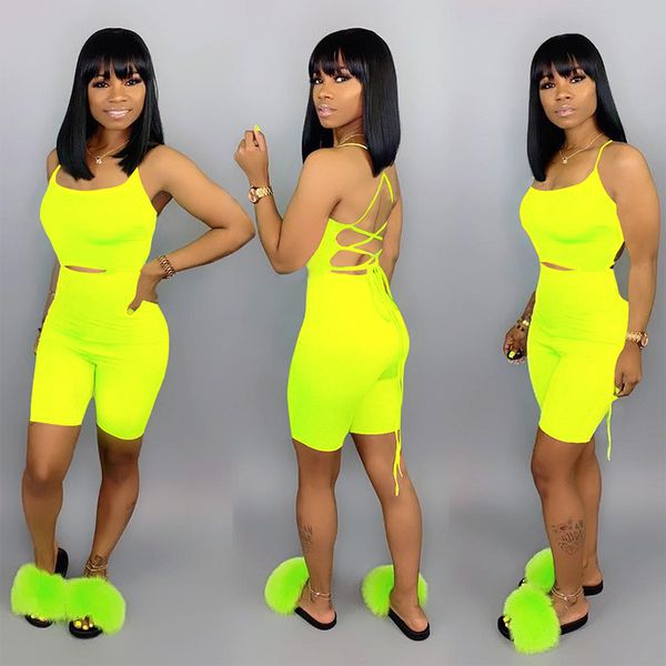 

summer short jumpsuit women spaghetti strap romper backless sleeveless shorts bandage lace up palysuit fitness yellow sexi t200704, Black;white