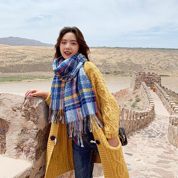 

scarves ouoi 2021 scarf women thickened warmth imitation cashmere retro tassel shawl plaid long bib scarfs for ladies1, Blue;gray