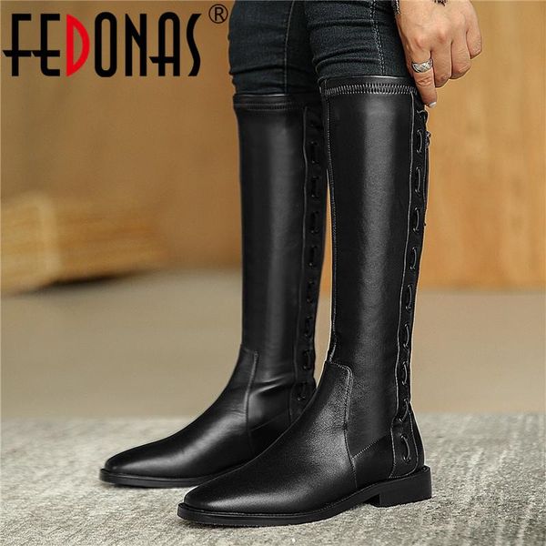 

fedonas сжатого winter high boots для gurls из натуральной кожи боковой молнии обувь для женщин 2020 осени партии рабочей kee ботфортов, Black