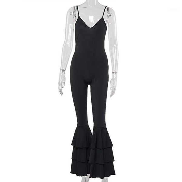 

women solid color v-neck ruffles skinny jumpsuits ladies backless sleeveless playsuits jumpsuits size s  l1, Black;white