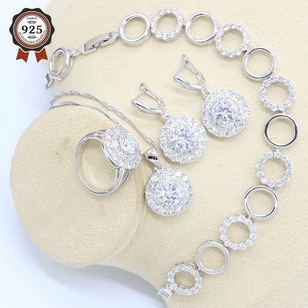 

round white zircon silver color wedding jewelry set for women bridal bracelet earrings necklace pendant ring gift box