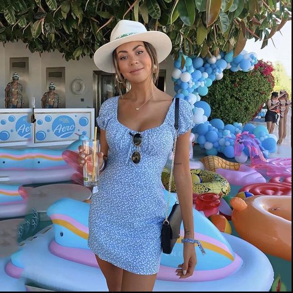 

retro puff sleeve vintage blue dress women summer lace up short mini dress beach holiday petite boho dress vestidos 2021 new, Black;gray