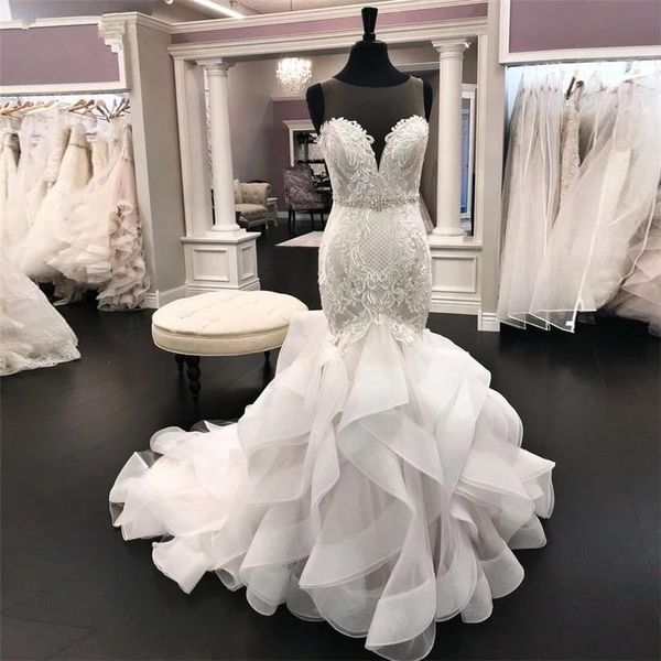 

vestido de novia 2021 wedding dress sheer neck mermaid bridal gown lace ruffles court train illusion back arabic robe de mariage, White