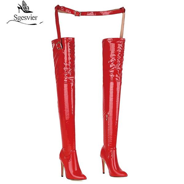 

sgesvier 2020 new women thigh high stiletto boots over the knee boots women red black patent leather long