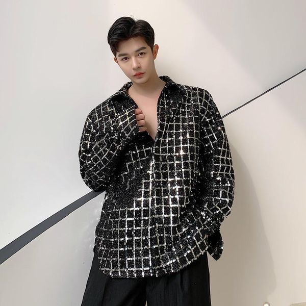 

men women sequins casual long sleeve shirt male retro fashion streetwear hip hop dress shirts coat stage clothing, White;black