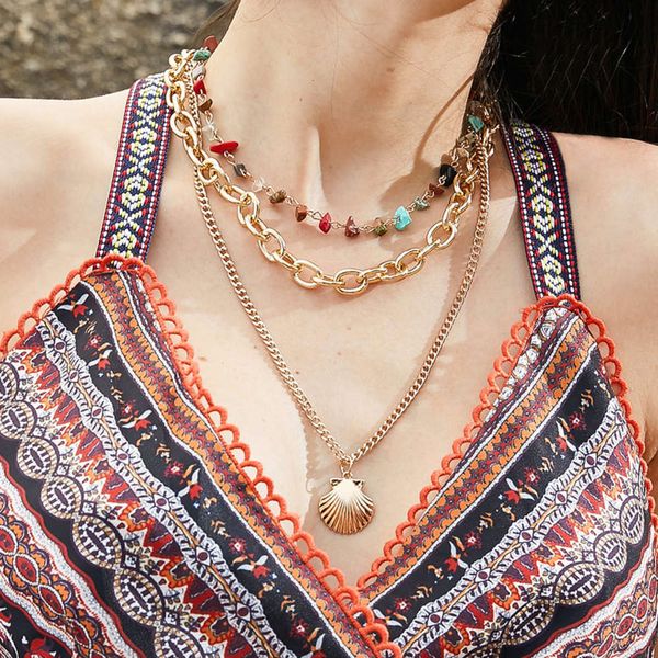 

large alloy fashion shell thick pendant chain handmade stone three layer women's necklace jewelry, Silver