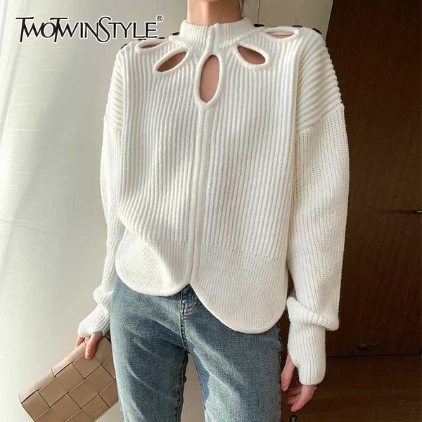 

twotwinstyle casual hollow out sweater for women o neck long sleeve large size pullovers female 2020 fall fashion new clothing, White;black