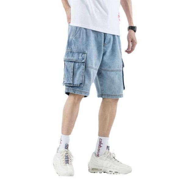 

summer light blue denim shorts men's jeans hole loose straight wide leg calf-length pants men calf-length jeans