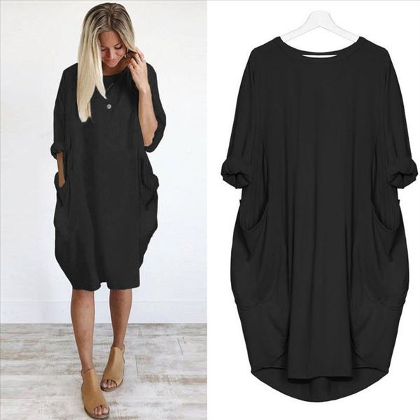 

z45 womens loose dress ladies o neck pocket solid color long sleeve casual dresses female plus size dress vestidos, Black;gray