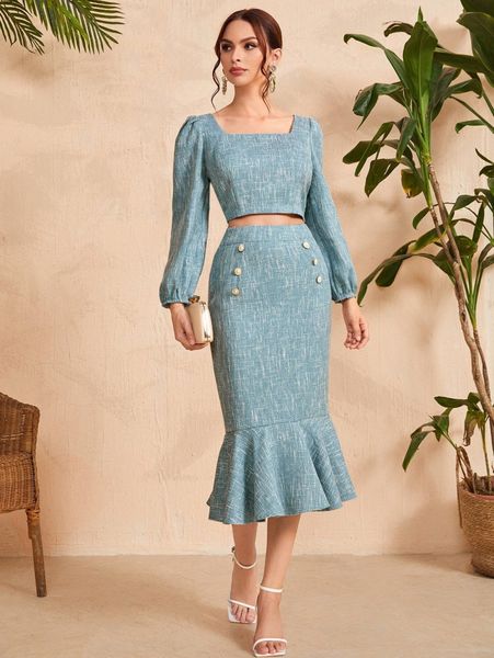 

lantern sleeve crop & ruffle hem skirt k45k#, White