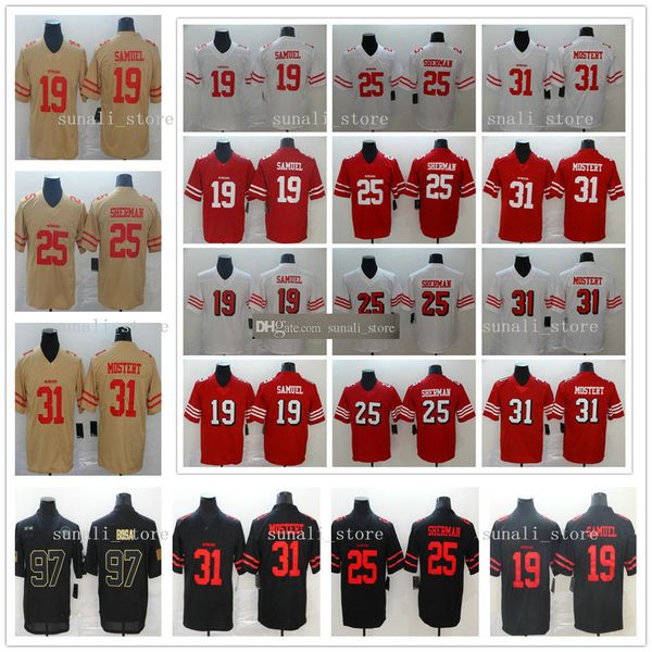 

sewed new men women kids 19 deebo samuel 25 richard sherman 31 raheem mostert jerseys custom football shirts red white black yellow, Black;red