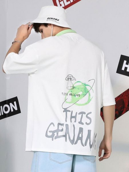 

men slogan & cartoon graphic drop shoulder tee l9u1#, White;black