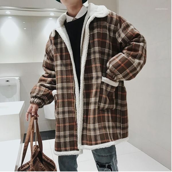 

2018 winter coat men's loose coat cotton suit plaid long section lamb hair cotton brown / green m-2xl parka men1, Black