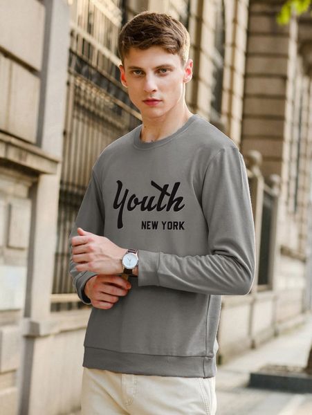 

men letter graphic round neck pullover c5y6#, Black