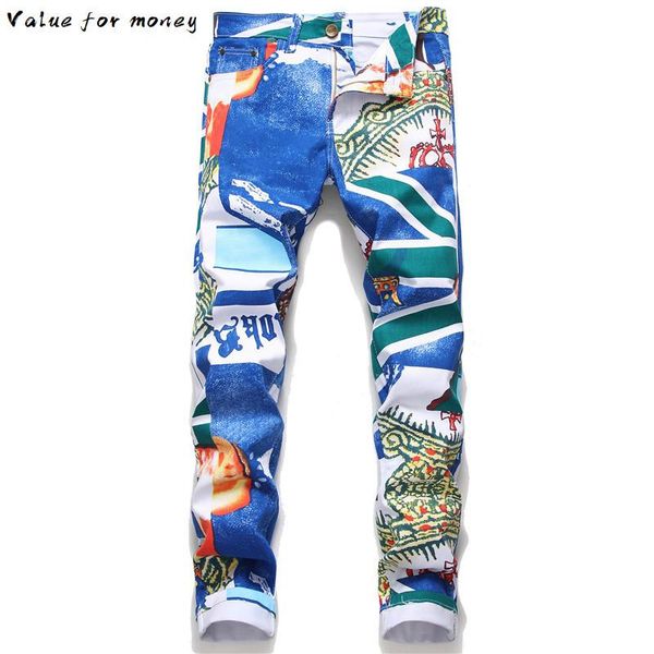 

печатные джинсы синий мужская мода slim fit прямые брюки стрейч, Blue