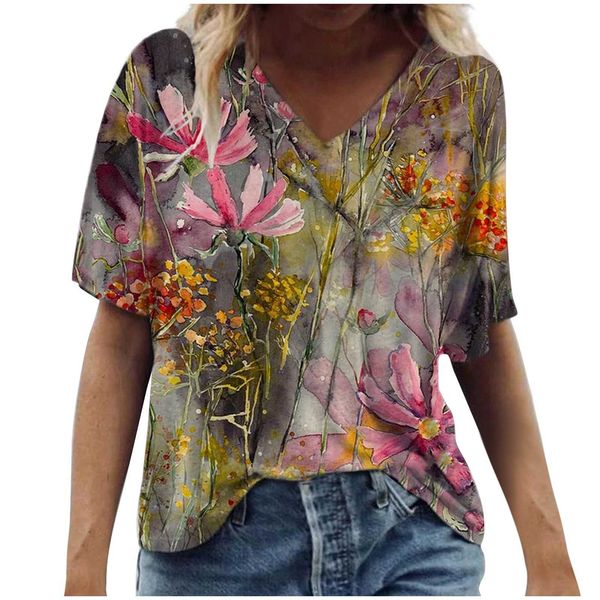 

40# t-shirts vintage women's fashion casual plus size scenic flowers printing v neck summer short sleeve women shirt, White
