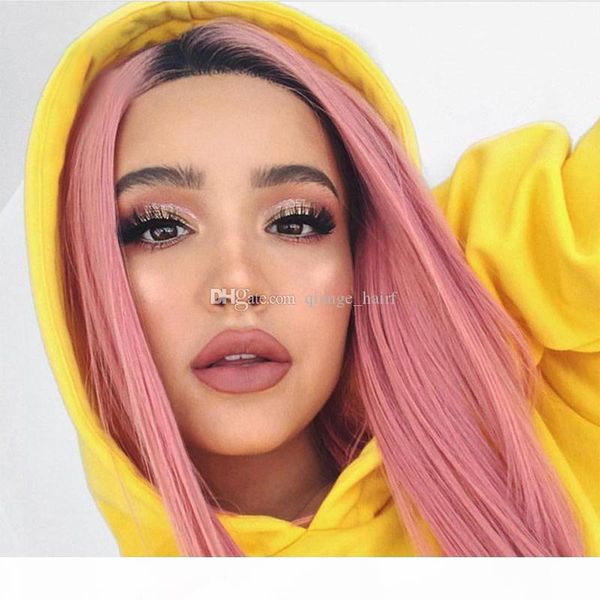 

dark roots human hair wig 24inch silky straight brazilian remy hair ombre pink full lace wig ing, Black;brown