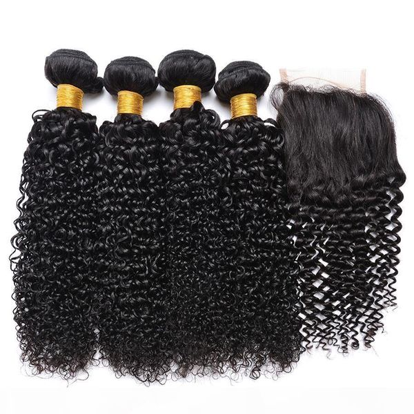 

lace closure with brazilian hair 4 bundles curly wave human hair weave unprocessed indian malaysian peruvian hair extensions, Black;brown