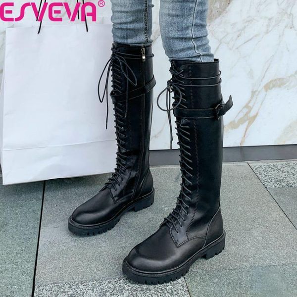

esveva 2020 cow patent leather quality knee high boots autumn winter round toe square heel lace up zipper women shoes size 34-401, Black