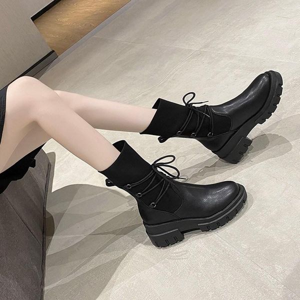 

women's rubber boots shoes booties ladies low heels booties round toe boots-women rain autumn lolita stockings mid calf, Black