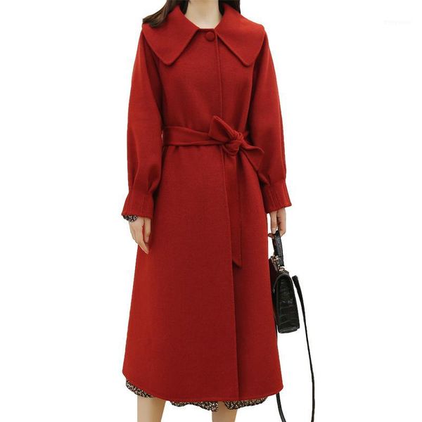 

the new 2020 double-sided, wool woolen cloth christmas red coat female long navy collar with zero cashmere coat1, Black