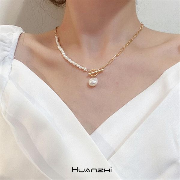 

huanzhi 2021 new trendy vintage freshwater pearl pendant ot buckle asymmetric necklace clavicle chain for women jewelry gifts, Silver