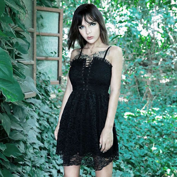 

new autumn wind gothic style 2020 lace stitching with rope sling black inside dress, Black;gray