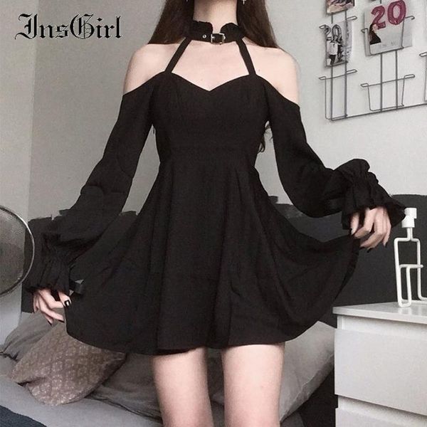 

insgirl dark gothic punk black dress women halter hollow out long sleeve high waist a-line dress mall goth retro partywear, Black;gray
