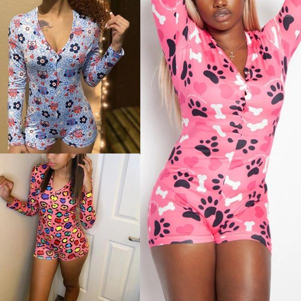 

jumpsuit women autumn 2020 printed slim bodyusit long sleeve deep v-neck button pajama romper sleepwear wholesale1, Black;white