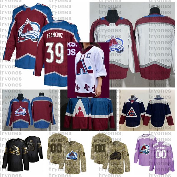

2021 reverse retro customize #39 pavel francouz colorado avalanche hockey jerseys golden edition camo veterans day fights cancer shirts, Black;red