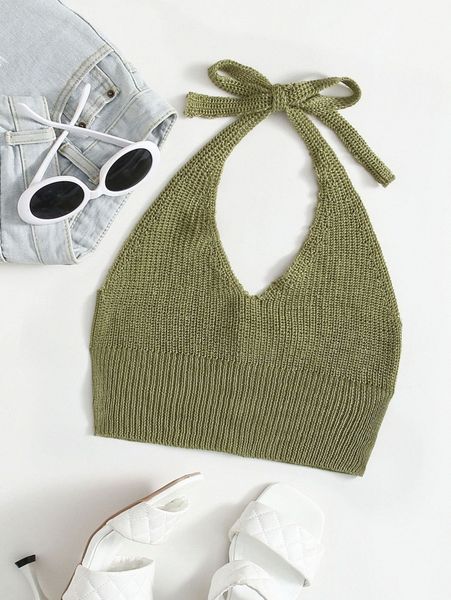 

halter neck button detail knit r2v6#, White