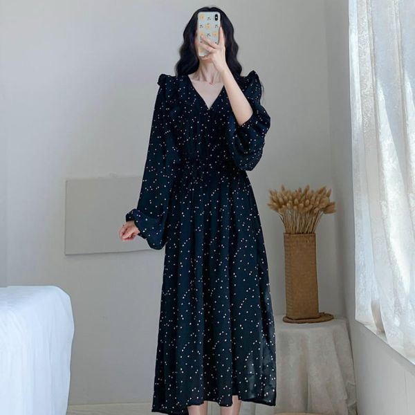 

casual dresses 2021 spring romantic black polka dot shirtdress women korean style balloon sleeve v-neck lacing up waist ruffle design, Black;gray