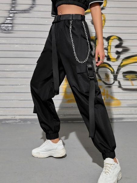 

flap pocket side chain detail buckled belted cargo pants 46gs#, Black;white