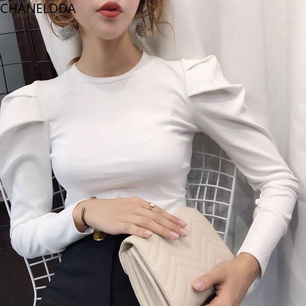 

ae long sleeve t shirt women solid bottom korean o neck pullover puff slim fit tees spring lotita style summer 2021 cutton, White