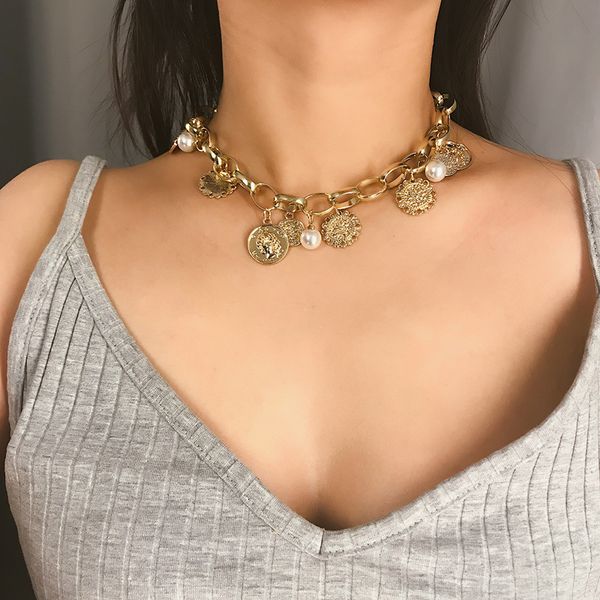 

embossed coin pearl flower plate necklace female personality collar chain, Silver