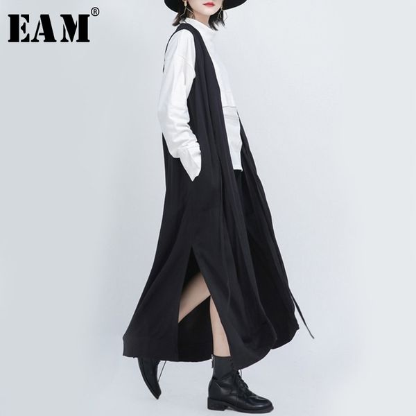 

[eam] women loose fit black vent split joint temperament vest new v-collar sleeveless fashion tide spring autumn 1s559 201102, Black;white