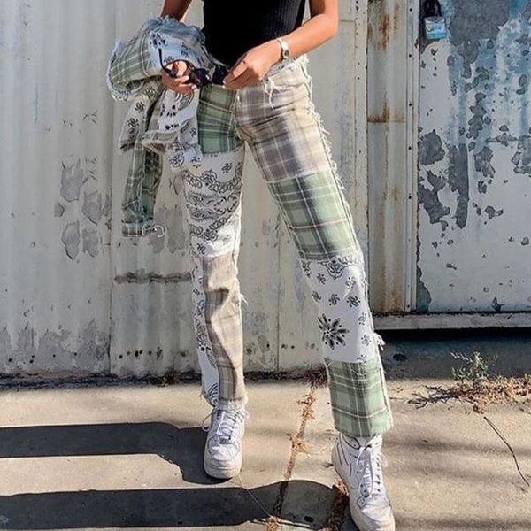 

women's jeans 2021fashion casual stitching color paisley plaid brushed skinny pants vintage patchwork streetwear denim high waist trous, Blue