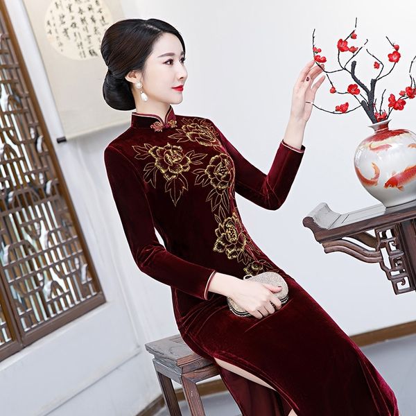 

0oer8 qiaoqi golden velvet sleeves long dress dress middle-aged and elderly mothers with long cheongsam and slim chinese style for pl446, Black;gray