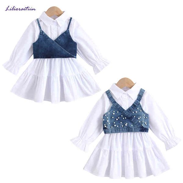 

lioraitiin 1-6years toddler baby girl fashion 2pcs dress set long sleeve turn-down collar solid shirt dress denim vest outfti g220217, White
