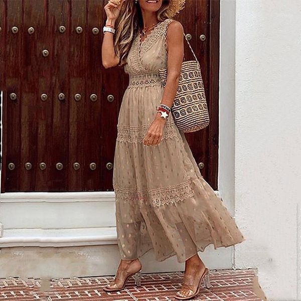 

new women summer dress fashion tank sleeveless dot print v neck a-line lace casual beach wedding plus size ladies dress1, Black;gray