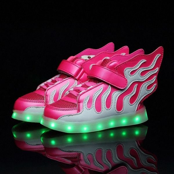 

2018 New Hot Pink Kids Shoes Boys Girls Fashion LED Lights USB toddler Luminous Wings Sneakers Children Comfortable Flats Sports #B68M