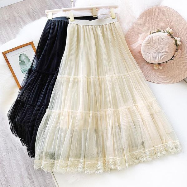 

lace veil women skirt 2020 new spring summer mid-length pleated skirt slim a-line big swing fishtail faldas saias1, Black