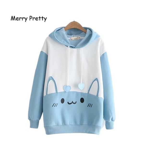 

merry pretty cotton women's cartoon rabbit print with ears on hooded tracksuit winter long sleeve cute hoodies sweatshirts 201029, Black