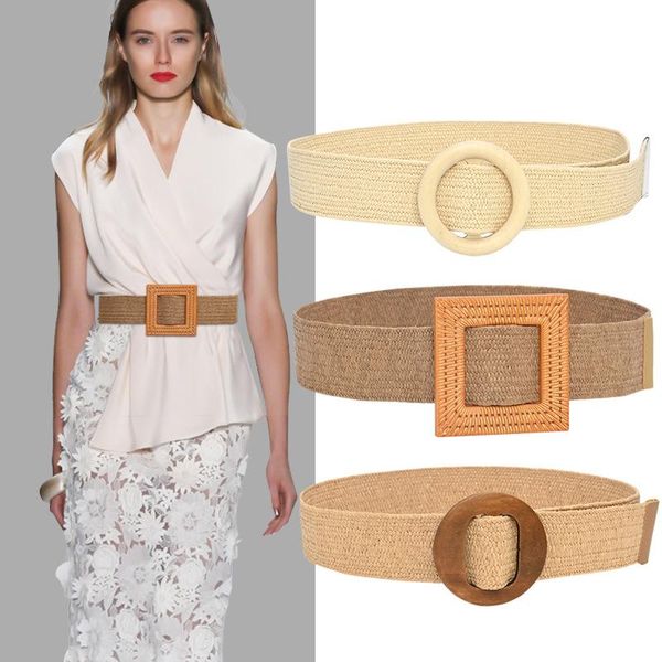 

belt female cool ins decoration non-porous waist seal wild wooden buckle elastic belt elastic pp grass raffia woven wide, Black;brown