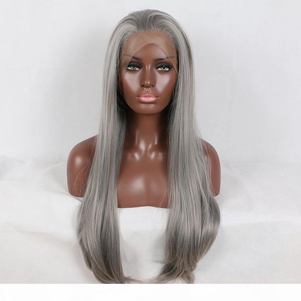 

fantasy beauty 180% platinum silver grey straight synthetic lace front wig glueless heat resistant hair for african american, Black