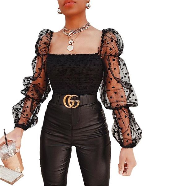 

women square collar shirt 2021 summer puff ruffle long sleeve polka dot ladies shirt white black casual ruched blouse