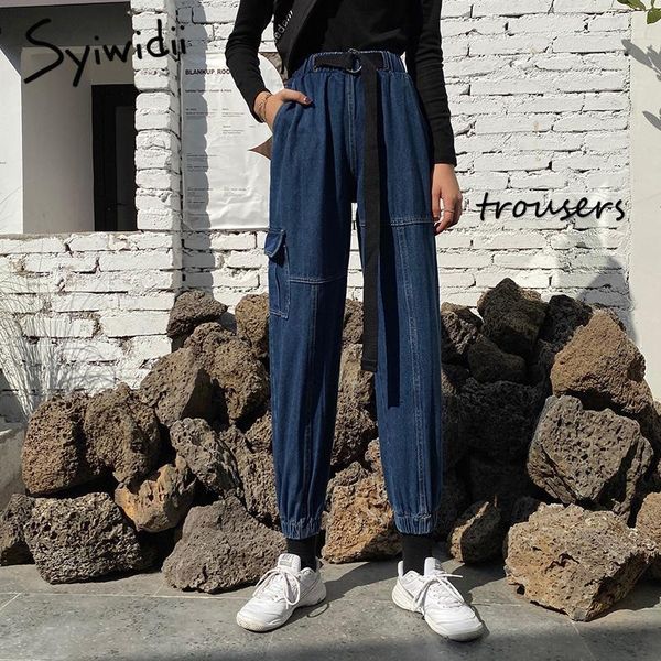

plus size jeans woman high waist demin pants mom jeans sashes button pockets washed 2020 fashion spliced casual harem pant blue1, Blue