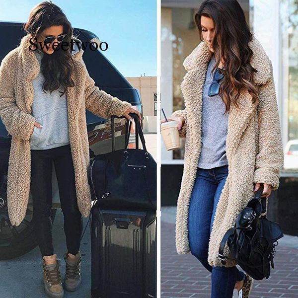 

long coats fleece jackets winter warm teddy coat cardigan office lady women wool blends full overcoats plus size1, Black