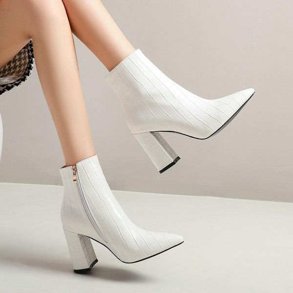 

boots black white blue women stone pattern ankle fashion square high heels pointed toe autumn winter shoes woman
