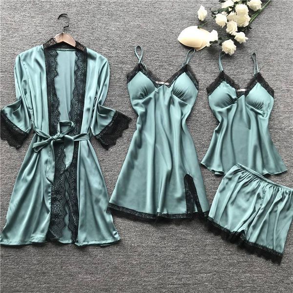 

summer nightdress nightgown women pajamas set plus size satin sleepwear silk 4 pieces nightwear pyjama 2020 fashion home clothes, Black;red